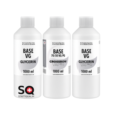 Crossbow Vapor Base - PG/VG - 1 Liter - verschiedene Mischverhältnisse - PG/VGLieferumfang:Crossbow Vapor Base - PG/VG - 1 Liter - verschiedene Mischverhältnisse - PG/VG Die Base von Crossbow Vapor (StattQualm) besteht aus pflanzlichem Glycerin VG (Reinheit: 99,9%) ohne Wasserzusatz sowie aus Propyleneglykol PG. Hergestellt unter höchsten Qualitätsanforderungen.Nutzen Sie die Base für das Auffüllen der Shortfill Liquids oder als zum selber mischen mit Aromen.Sämtliche Rohstoffe sind in Arzneibuchqualität (PH EUR7 Qualität).Inhalt 1000mlVers. Mischverhältnisse auswählbar8786Crossbow Vapor Squape18,90 CHFsmoke-shop.ch18,90 CHF