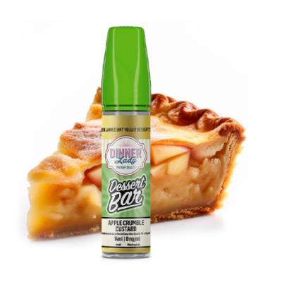 50 ml - Apple Crumble Custard - Dessert Bar by Dinner Lady - Shortfill50 ml - Apple Crumble Custard - Dessert Bar by Dinner Lady - ShortfillEin reichhaltiges und wohltuendes Dessert zum Dampfen:&nbsp;Apple Crumble Custard&nbsp;aus der&nbsp;Dessert Bar-Reihe kombiniert&nbsp;karamellisierte Äpfel, goldbraunen&nbsp;Streusel,&nbsp;Zimt&nbsp;und cremige&nbsp;Vanillesosse. Ein&nbsp;50 ml-Shortfill mit kräftigen Aromen, perfekt für Liebhaber von Süssigkeiten.60 ml-Flasche mit Kindersicherung50 ml&nbsp;E-Liquid mit hochdosierten AromenNikotinfrei,&nbsp;anpassbar mit Nikotin-ShotsPG/VG-Verhältnis: 40/60Geschmacksrichtung: Apfel, Karamell, Streusel, Zimt, VanillecremeHergestellt in England von&nbsp;Dinner Lady17418Dinner Lady18,90&nbsp;CHFsmoke-shop.ch18,90&nbsp;CHF