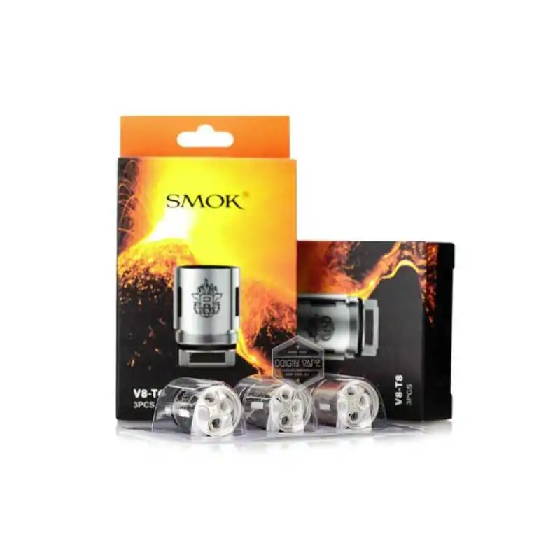 3x TFV8 T6 /T8/V8/T10 Verdampferköpfe für Cloud Beast Tank SmokLieferumfang:3x TFV8 T6 Verdampferköpfe 0.2 ohm oder T8 (0.15 ohm)&nbsp;&nbsp;The V8-T6 coil heads have a six core setup to give you a little cooler vape than the V8-T8 configuration. At 0.2Ω, resistance is a bit higher than the V8-T8. Wattage range is 50 – 240 watts, with optimal wattage at 110 – 150 watts.&nbsp;T8 = Turbo: 6.6T;Patented Octuple coil;Resistance: 0.15 ohm (50~260W/best 120~180W);Suitable for: SMOK TFV8 CLOUD BEAST Tank2629Smoketech8,90&nbsp;CHFsmoke-shop.ch8,90&nbsp;CHF